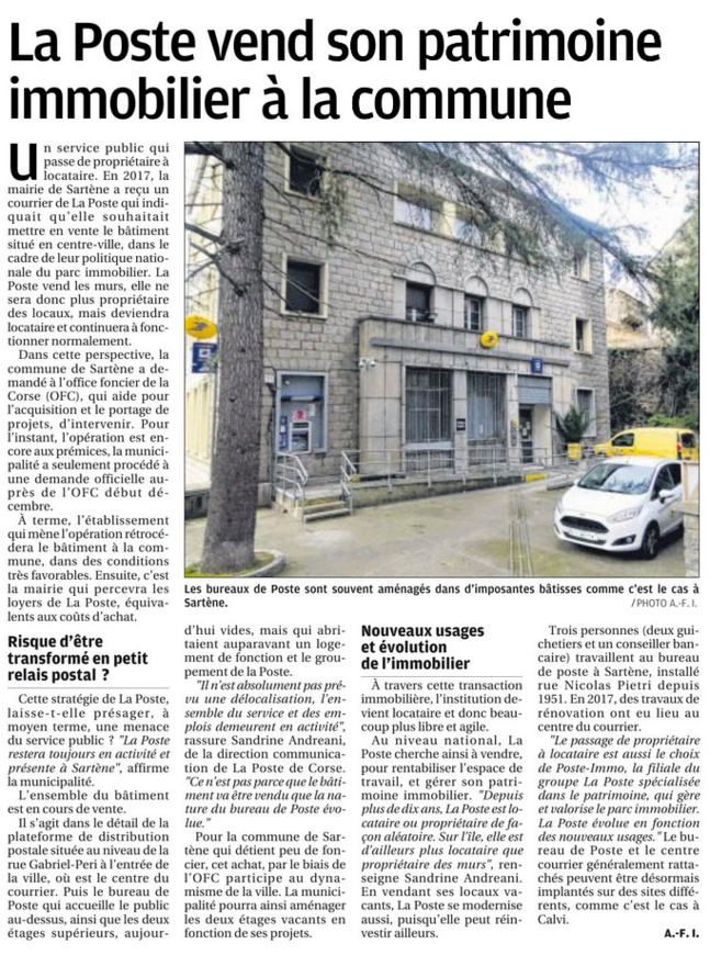 Corse Matin : La Poste vend son patrimoine immobilier à la commune