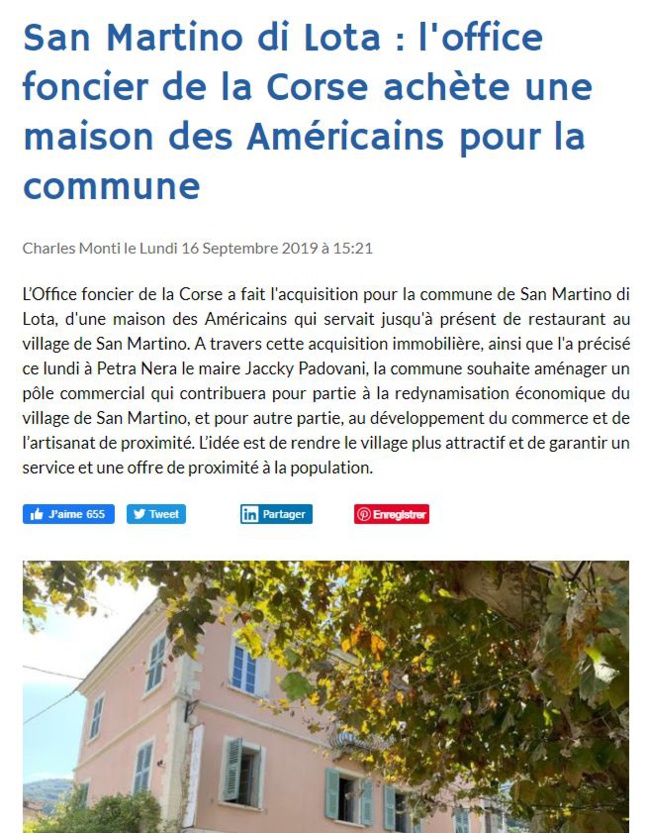 Corse Net Infos : " San Martino di Lota : L'Office Foncier de la Corse achète une maison des Américains pour la commune "