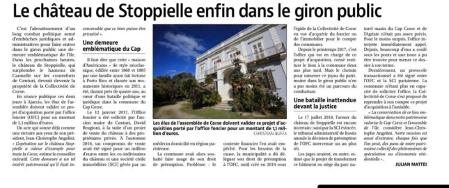 Article sur le journal : Corse Matin " Le château de Stoppielle enfin dans le giron public"