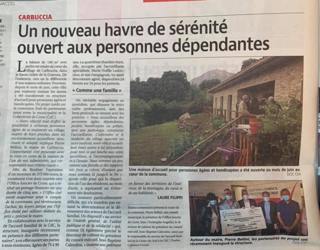 Article dans le Corse Matin : Un nouveau havre de sérénité ouvert aux personnes dépendantes