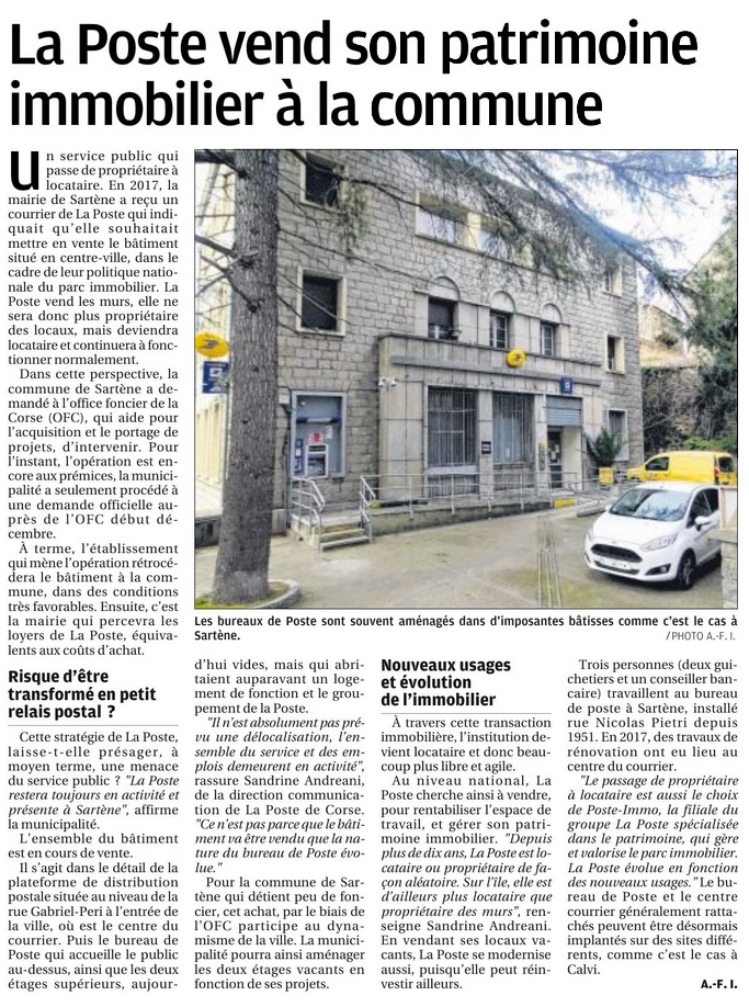 Corse Matin : La Poste vend son patrimoine immobilier à la commune