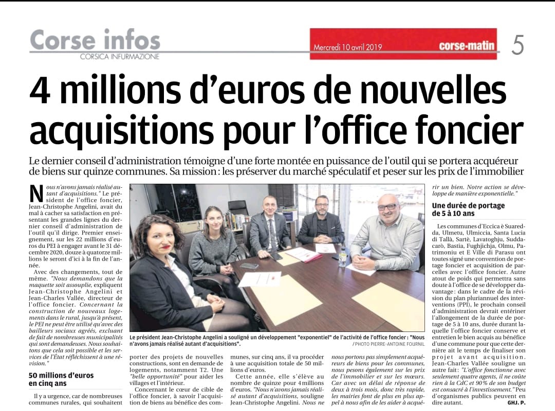 Corse Matin : " 4 millions d'euros de nouvelles acquisitions pour l'Office Foncier"