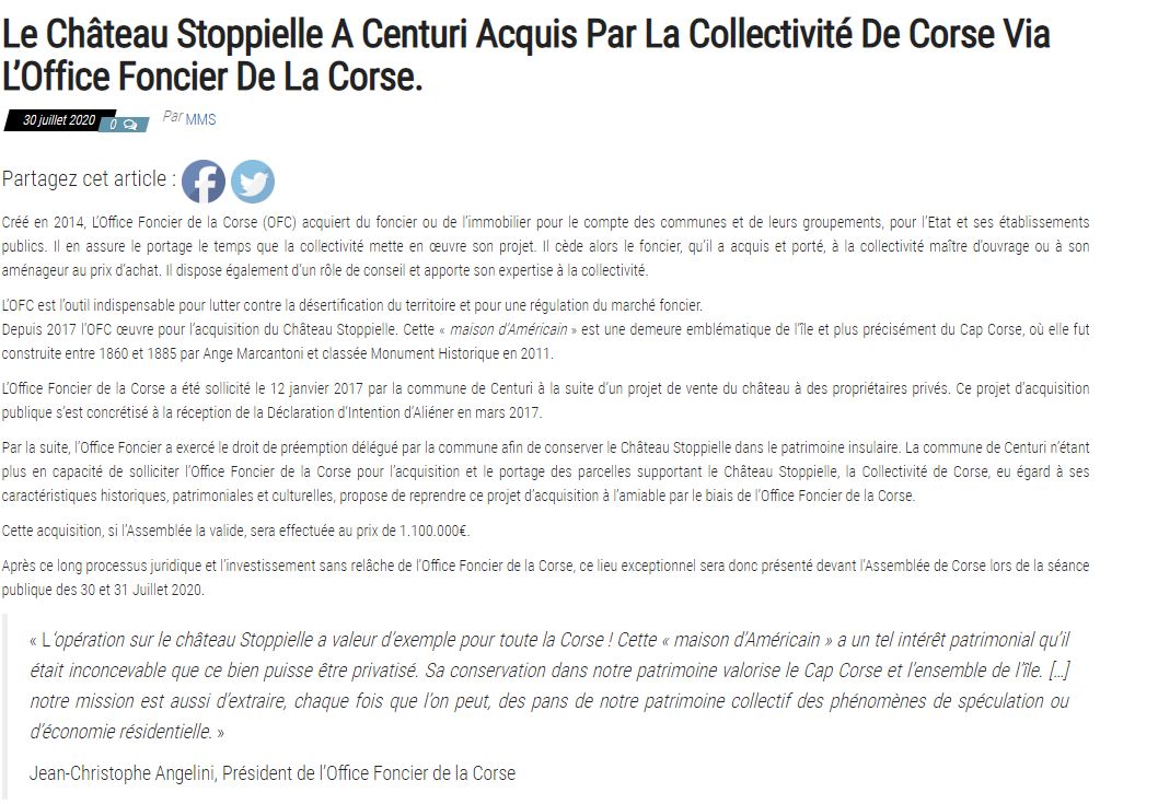 Article sur le journal en ligne: Le Petit Corse  " Le Château Stoppielle a Centuri acquis par la Collectivité de Corse via l'Office Foncier de la Corse "