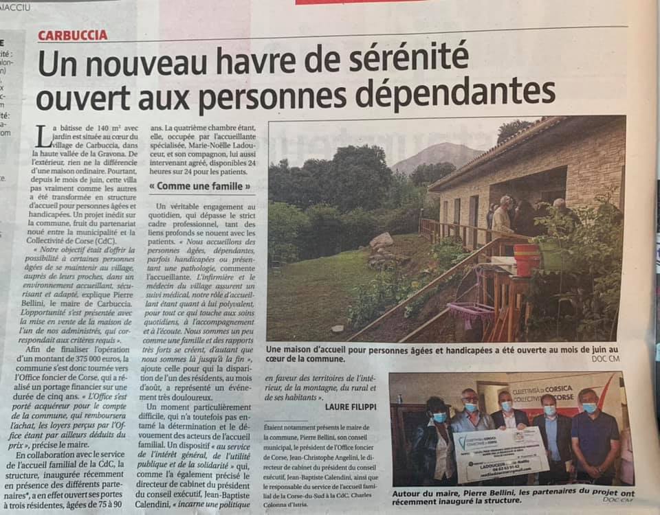 Article dans le Corse Matin : Un nouveau havre de sérénité ouvert aux personnes dépendantes