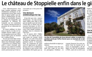 Article sur le journal : Corse Matin " Le château de Stoppielle enfin dans le giron public"