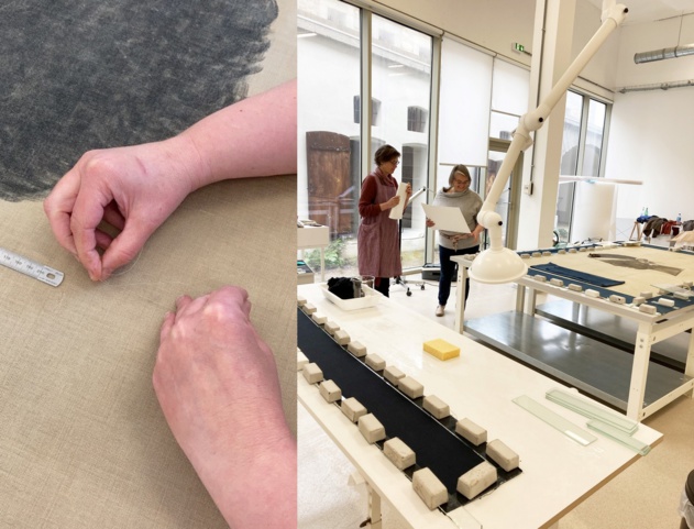 Figure 4. Détail du traitement des lacunes par des points de restauration. Figure 5. Céline Wallut et Valérie Marcelli durant le traitement de conservation-restauration Figure 4. Détail du traitement des lacunes par des points de restauration. Figure 5. Céline Wallut et Valérie Marcelli durant le traitement de conservation-restauration