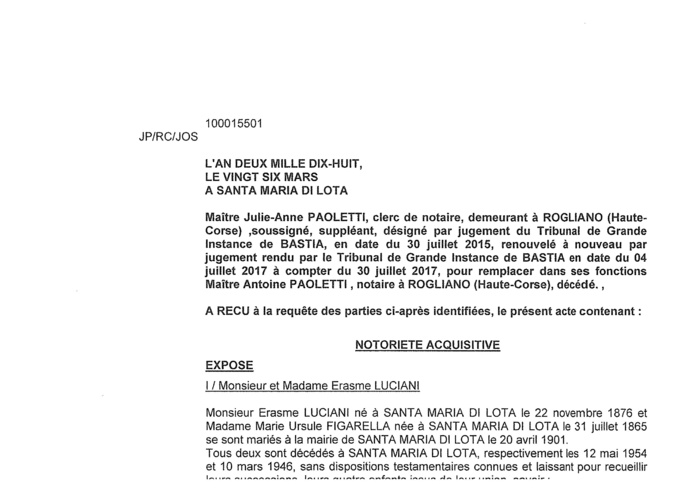 Avis de création de titre de propriété - commune de Santa Maria di Lota (Haute-Corse) Avis de création de titre de propriété - commune de Santa Maria di Lota (Haute-Corse)