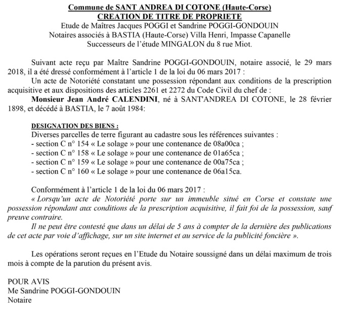 Avis de création de titre de propriété - commune de Sant Andrea di Cotone (Haute-Corse)