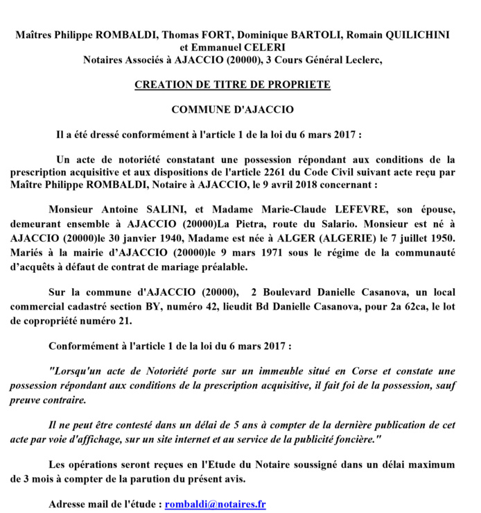 Avis de création de titre de propriété - commune d'Ajaccio (Corse du Sud) Avis de création de titre de propriété - commune d'Ajaccio (Corse du Sud)