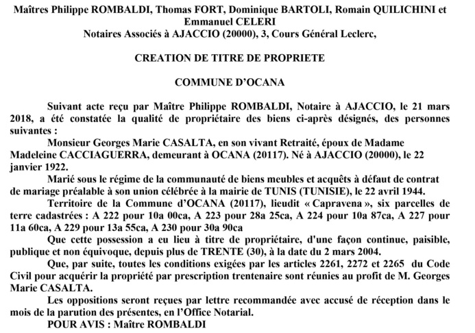 Avis de création de titre de propriété - commune d'Ocana (Corse du Sud)