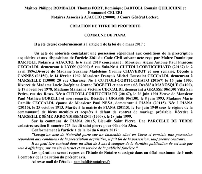 Avis de création de titre de propriété - commune de Piana (Corse du Sud)