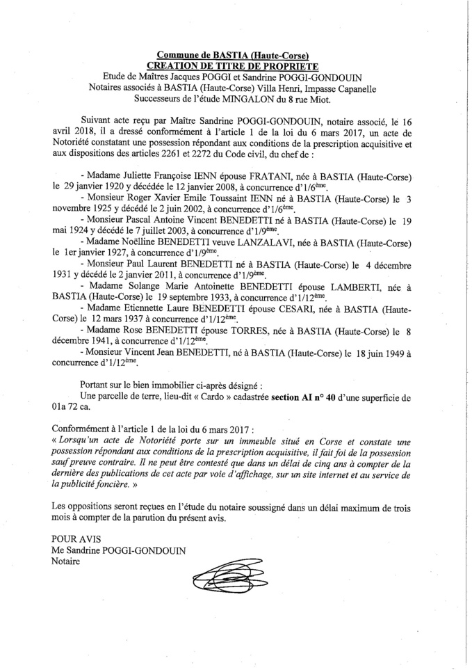 Avis de création de titre de propriété - commune de Bastia (Haute-Corse)