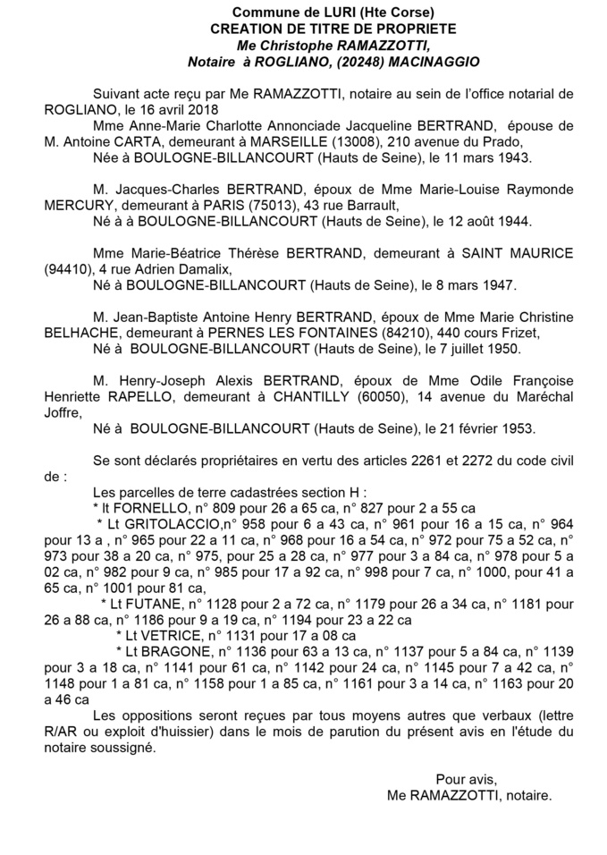 Avis de création de titre de propriété - commune de Luri (Haute-Corse) Avis de création de titre de propriété - commune de Luri (Haute-Corse)