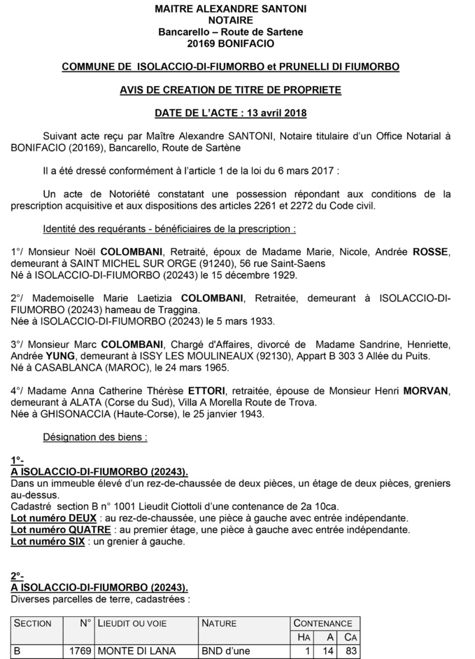 Avis de création de titre de propriété - communes de Isolaccio-di-Fiumorbu et Prunelli di Fiumorbu (Haute-Corse)