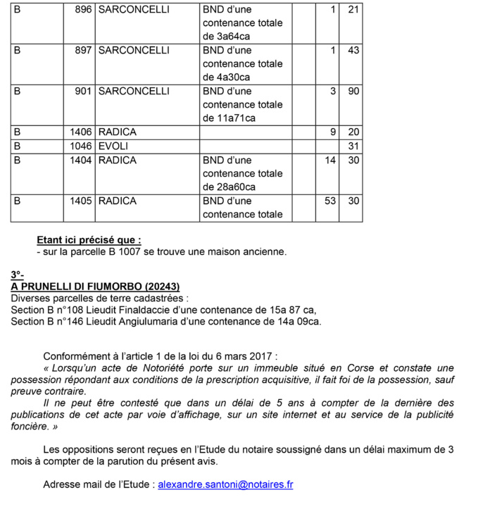 Avis de création de titre de propriété - communes de Isolaccio-di-Fiumorbu et Prunelli di Fiumorbu (Haute-Corse)