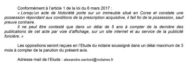 Avis de création de titre de propriété - commune de Porto Vecchio (Corse du Sud)