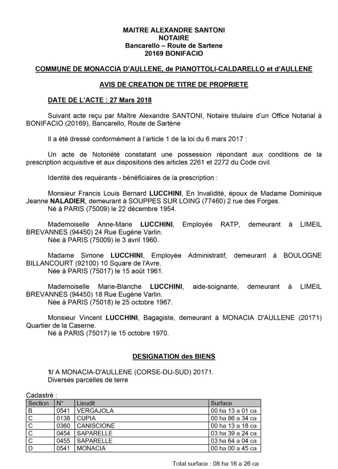 Avis de création de titre de propriété - communes de Monaccia d'Aullène, de Pianottoli-Caldarello et Aullène