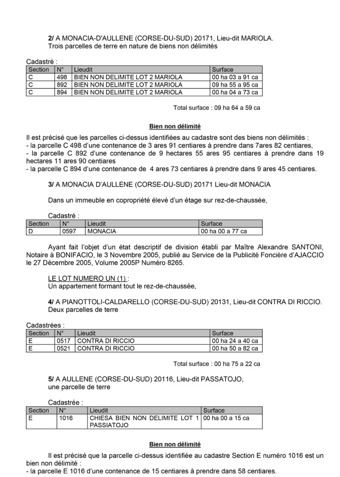 Avis de création de titre de propriété - communes de Monaccia d'Aullène, de Pianottoli-Caldarello et Aullène