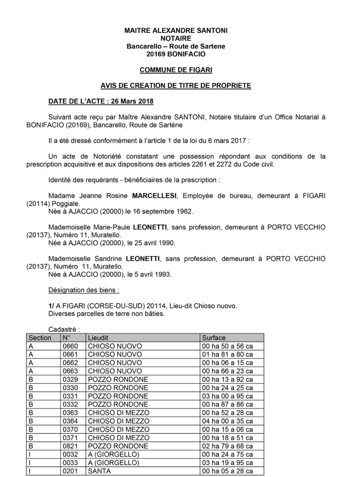 Avis de création de titre de propriété - commune de Figari (Corse du Sud)