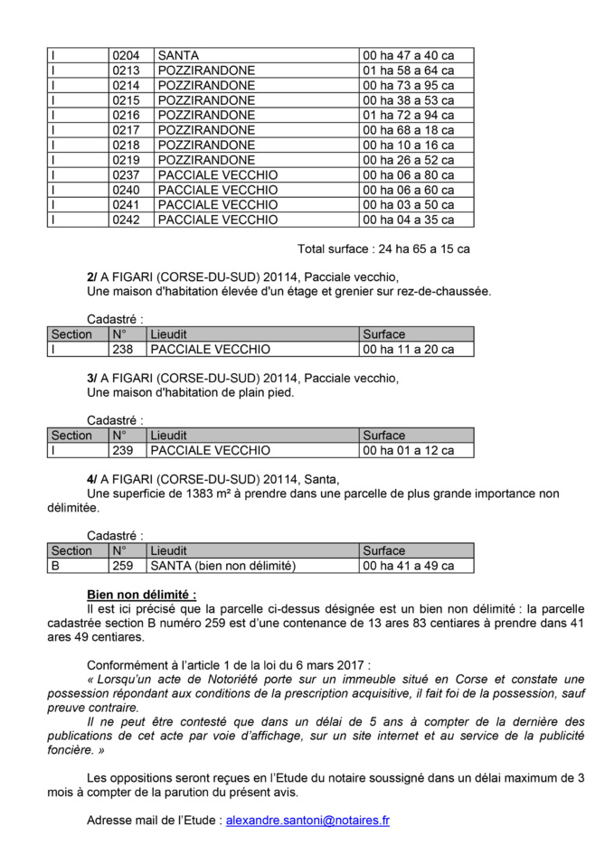 Avis de création de titre de propriété - commune de Figari (Corse du Sud)