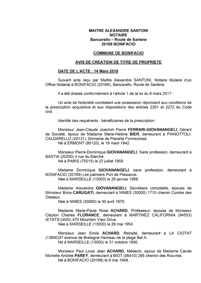 Avis de création de titre de propriété - commune de Bonifacio (Corse du Sud)
