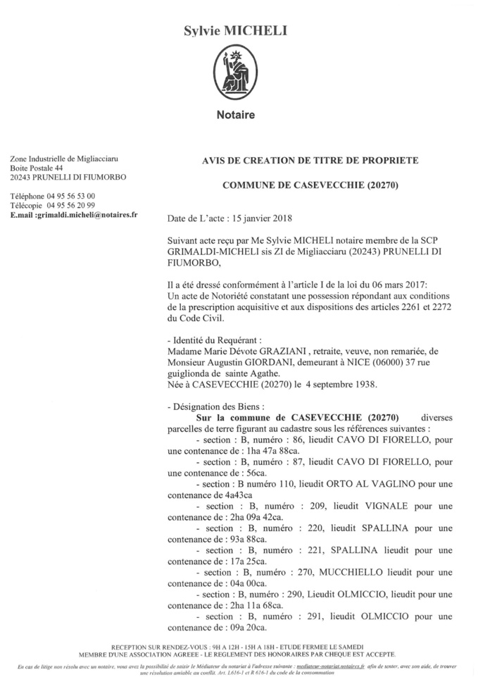 Avis de création de titre de propriété - commune de Casevecchie (Haute-Corse)