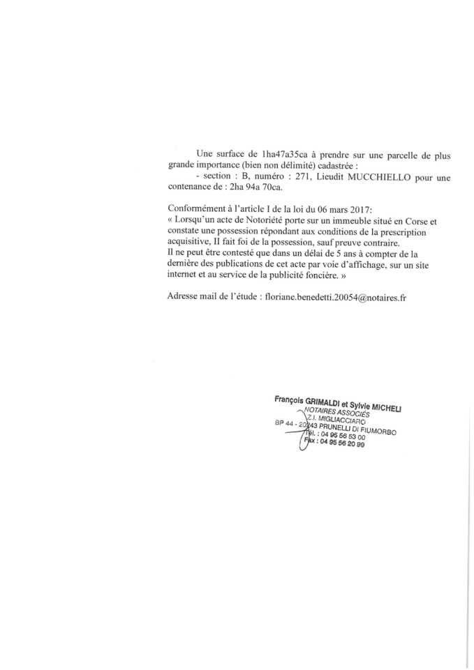 Avis de création de titre de propriété - commune de Casevecchie (Haute-Corse)