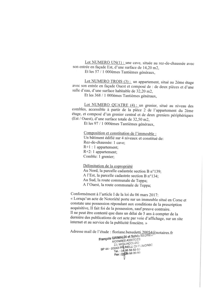 Avis de création de titre de propriété - commune de Casevecchie (Haute-Corse)