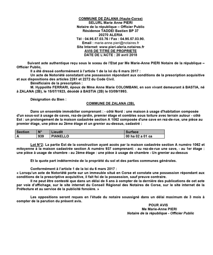 Avis de création de titre de propriété - commune de Zalana (Haute-Corse)