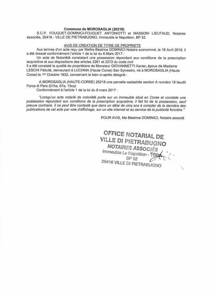 Avis de création de titre de propriété - commune de Morosaglia (Haute-Corse)