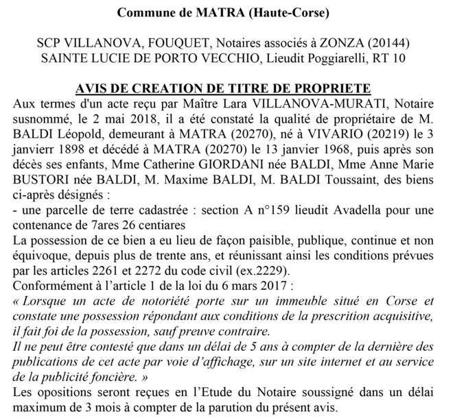 Avis de création de titre de propriété - commune de Matra (Haute-Corse)