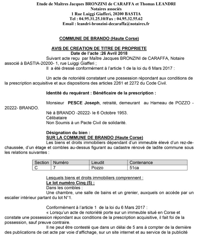 Avis de création de titre de propriété - commune de Brando (Haute-Corse)