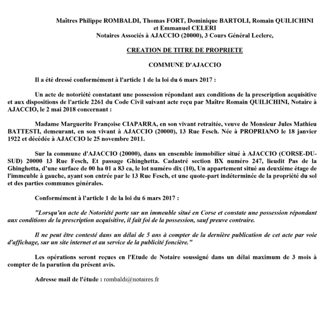 Avis de création de titre de propriété - commune d'Ajaccio (Corse du Sud)