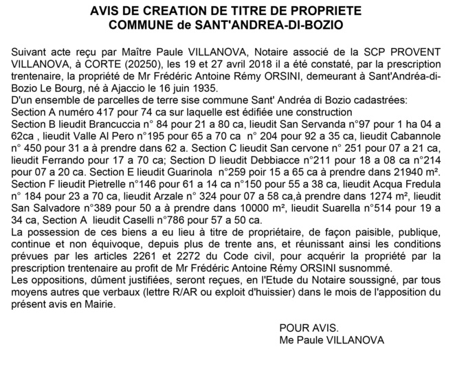 Avis de création de titre de propriété - commune de Sant'Andrea di Bozio (Haute-Corse)