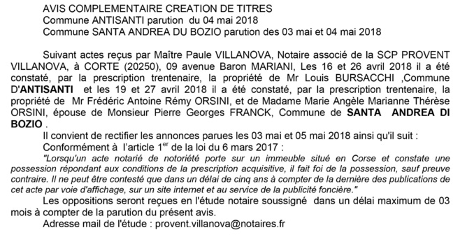 Avis de création de titre de propriété - commune de Sant'Andrea di Bozio (Haute-Corse)