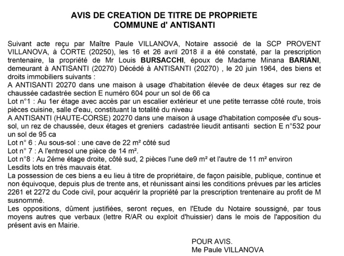 Avis de création de titre de propriété - commune d'Antisanti (Haute-Corse)