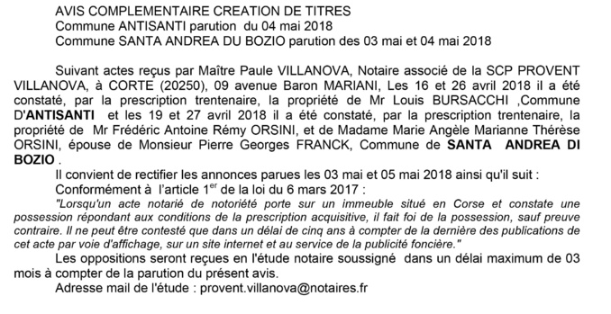 Avis de création de titre de propriété - commune d'Antisanti (Haute-Corse)