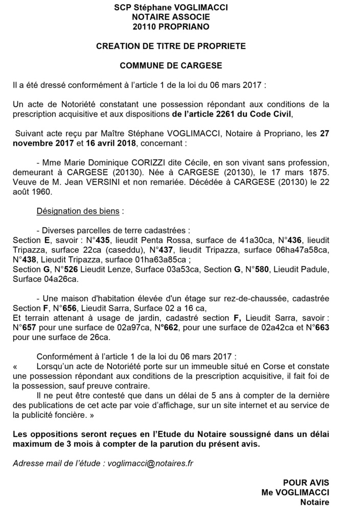 Avis de création de titre de propriété - commune de Cargèse (Corse du Sud)