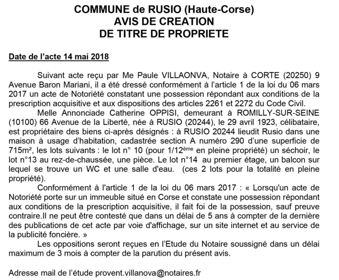 Avis de création de titre de propriété - commune de Rusio (Haute-Corse)