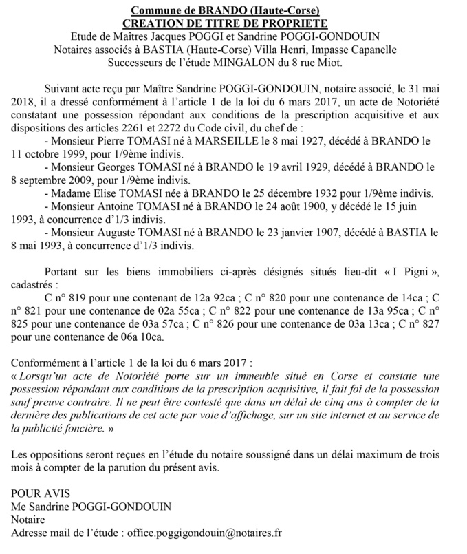 Avis de création de titre de propriété - commune de Brando (Haute-Corse)