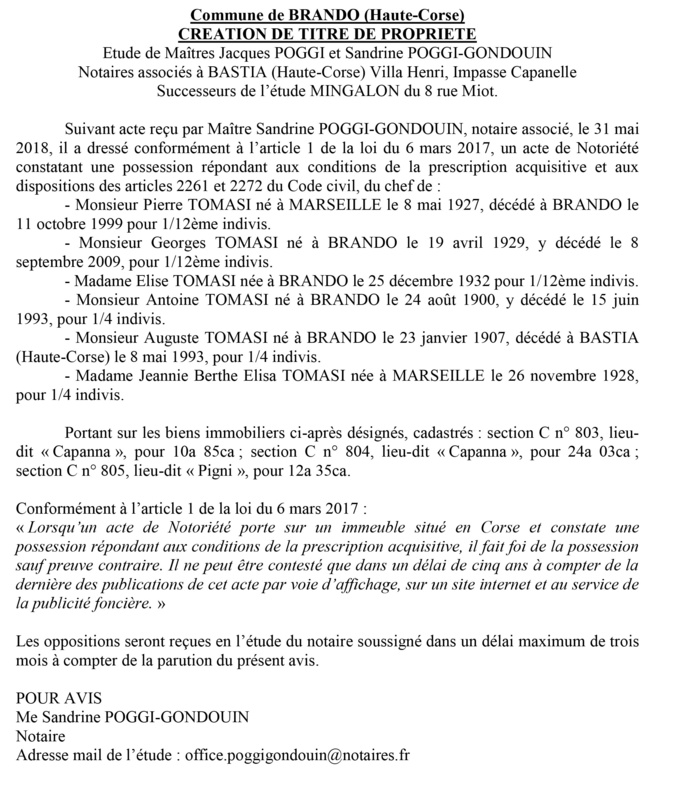 Avis de création de titre de propriété - commune de Brando (Haute-Corse)