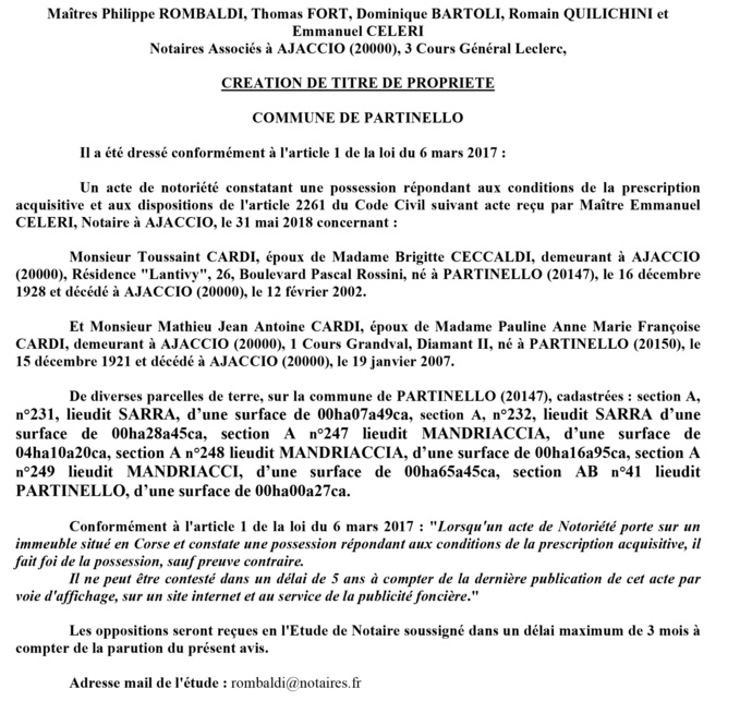 Avis de création de titre de propriété - commune de Partinello (Corse du Sud) Avis de création de titre de propriété - commune de Partinello (Corse du Sud)