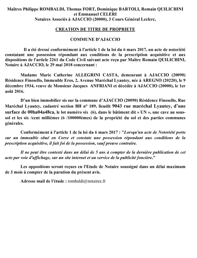 Avis de création de titre de propriété - commune d'Ajaccio (Corse du Sud)