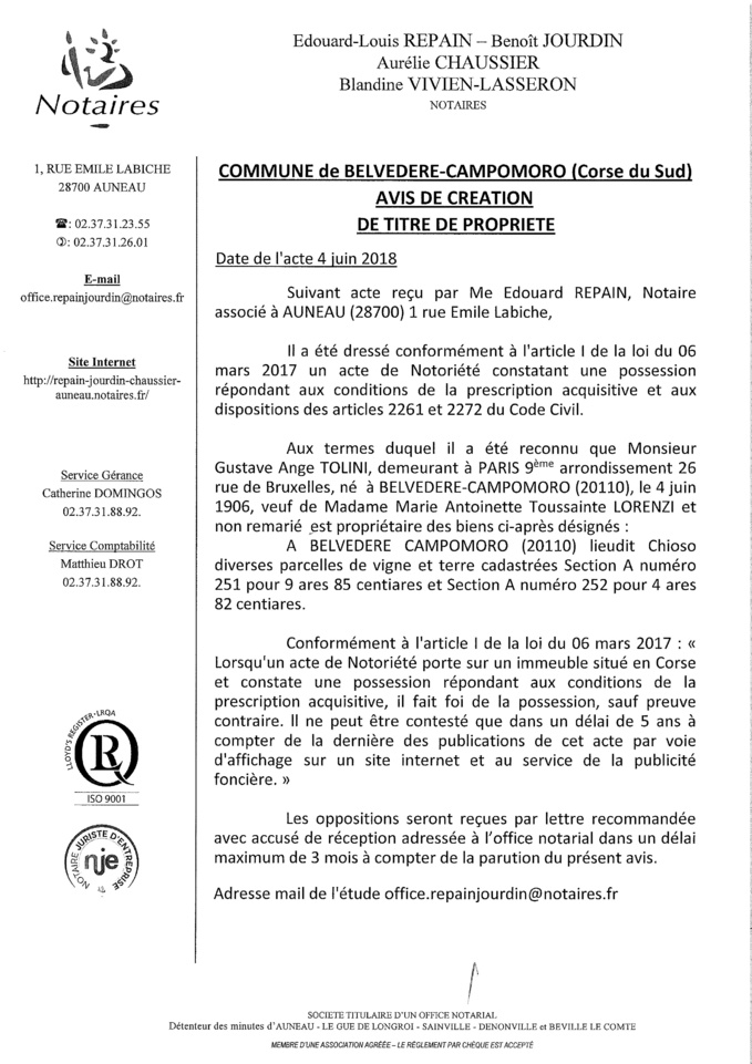 Avis de création de titre de propriété - commune de Belvedere Campomoro (Corse du Sud)