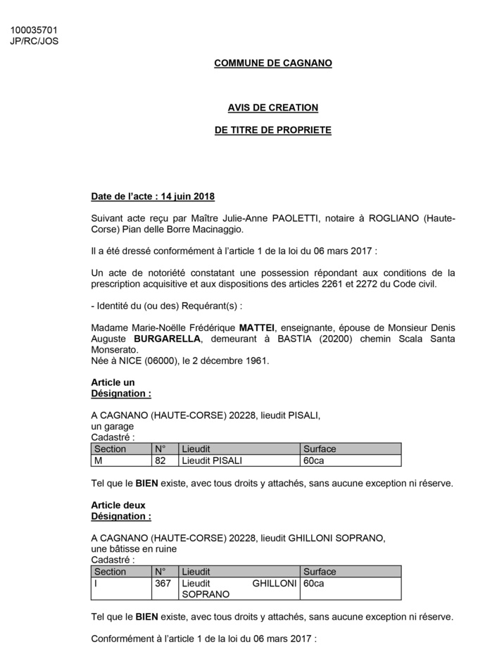 Avis de création de titre de propriété - commune de Cagnano (Haute-Corse)
