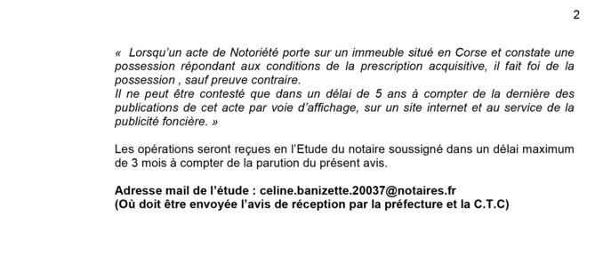 Avis de création de titre de propriété - commune de Cagnano (Haute-Corse)