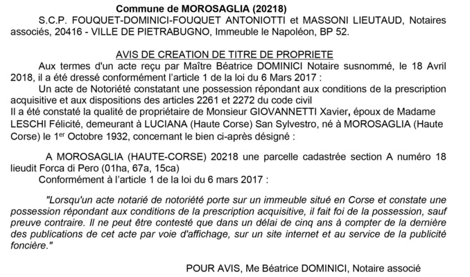 Avis de création de titre de propriété - commune de Morosaglia (Haute-Corse)