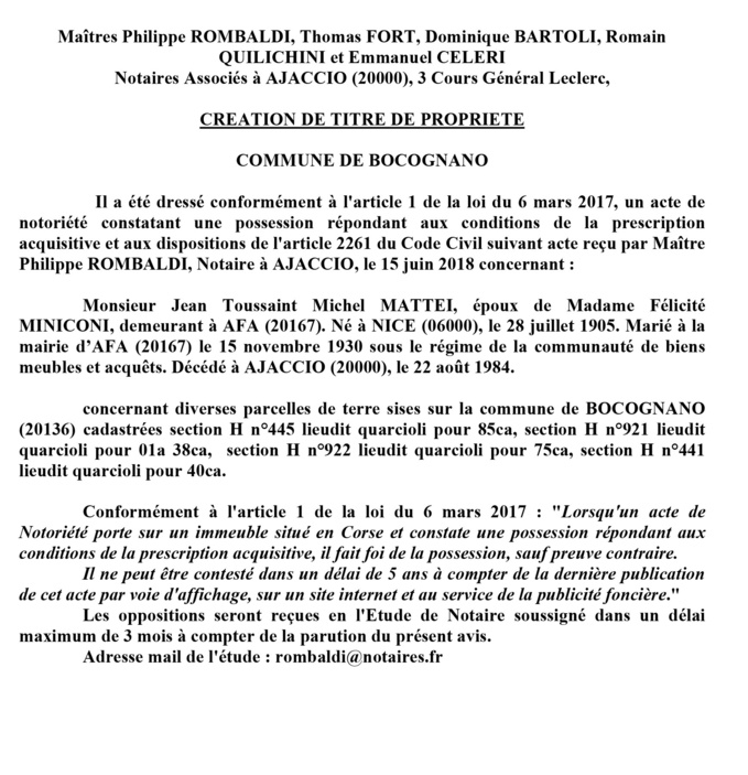 Avis de création de titre de propriété - commune de Bocognano (Corse du Sud)