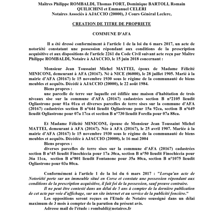 Avis de création de titre de propriété - commune d'Afa (Corse du Sud)