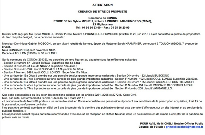 Avis de création de titre de propriété - commune de Conca (Haute-Corse)